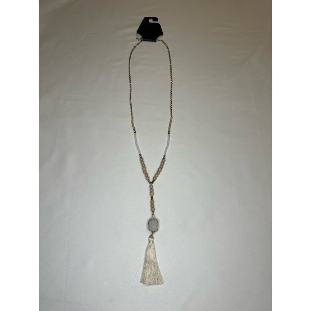 Long Beaded Tassel Necklace with Quartz Crystal Pendant